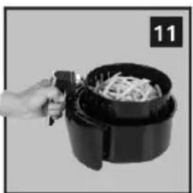 Hand holding a black air fryer with shredded food inside (no text or symbols visible)