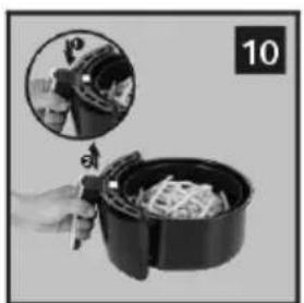 Close-up of a hand holding a black air fryer with a knife, next to a magnified inset showing a cooking step (no text or symbols visible)