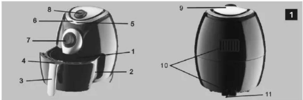 Technical diagram of a air fryer with numbered parts for identification