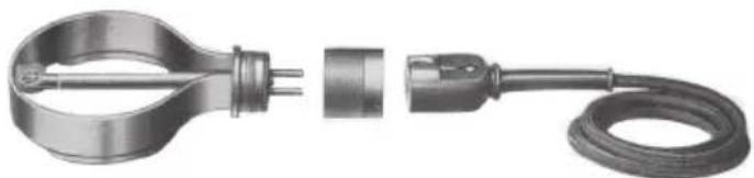 Three types of electrical connectors: a metallic ring with terminal pins, a cylindrical connector, and a coiled cable (no text or symbols visible)