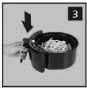 Hand holding a black air fryer with food being cut by an arrow (no text or symbols visible)