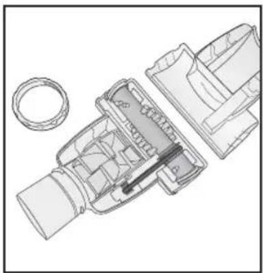 Exploded view diagram of a mechanical device showing internal components and a separate ring (no text or labels)