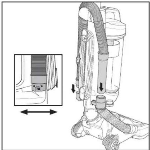 Diagram of a vacuum cleaner with attached tubing and directional arrows indicating assembly or operation (no text or symbols present)