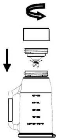 Diagram of a blender with labeled parts and an arrow indicating downward motion