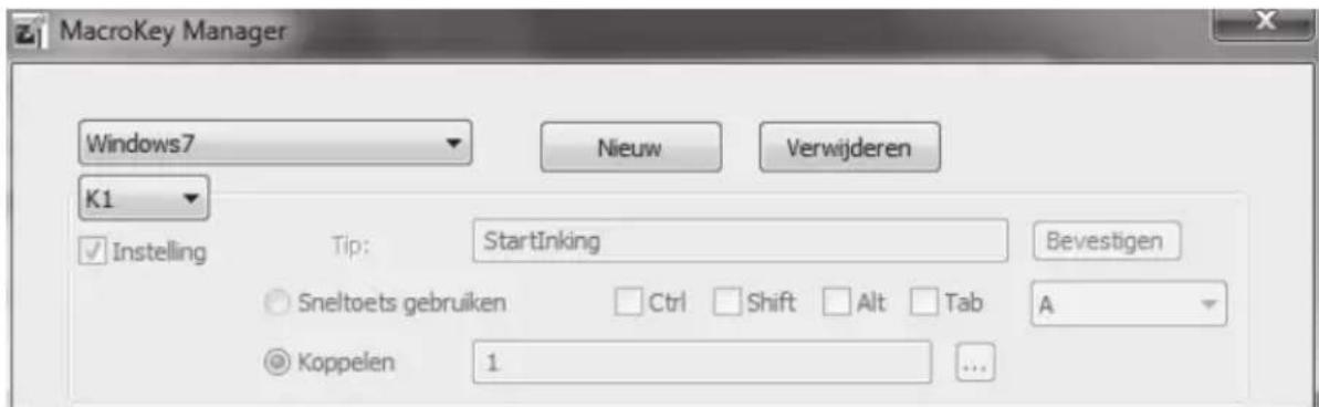 MacroKey Manager Windows7 Nieuw Verwijderen K1 ✓ Instelling Tip: StartInking Bevestigen ○ Sneltoets gebruiken Ctrl Shift Alt Tab A @ Koppelen 1 ...