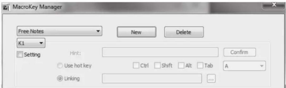 MacroKey Manager Free Notes New Delete K1 Setting Hint: Use hot key Ctrl Shift Alt Tab A Linking ... Confirm