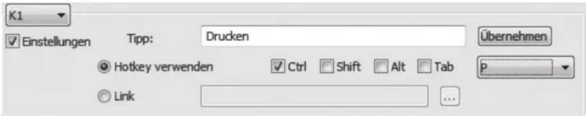 K1 ✓ Einstellungen Tipp: Drucken Übernehmen ● Hotkey verwenden ✓ Ctrl □ Shift □ Alt □ Tab P ○ Link