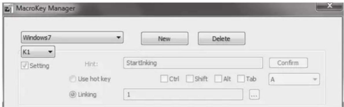MacroKey Manager Windows7 New Delete K1 Setting Hint: StartLinking Confirm Use hot key Ctrl Shift Alt Tab A Linking 1