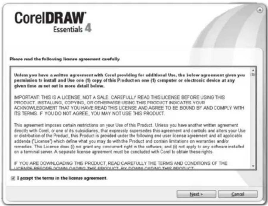 CorelDRAW® Essentials 4 Please read the following license agreement carefully Unless you have a written agreement with Corel providing for additional Use, the below agreement gives you permission to install and Use one (1) copy of this Product on one (1) computer or electronic device at any given time as set out in more detail below. IMPORTANT: THIS IS A LICENSE. NOT A SALE. CAREFULLY READ THIS LICENSE BEFORE USING THIS PRODUCT. INSTALLING, COPYING, OR OTHERWISE USING THIS PRODUCT INDICATES YOUR ACKNOWLEDGMENT THAT YOU HAVE READ THIS LICENSE AND AGREE TO BE BOUND BY AND COMPLY WITH ITS TERMS. IF YOU DO NOT AGREE, YOU MAY NOT USE THIS PRODUCT. This agreement imposes certain restrictions on your Use of this Product. Unless you have another written agreement directly with Corel, or one of its subsidiaries, that expressly supersedes this agreement and controls and alters your Use or distribution of the Product, this Product is provided under the following end user license agreement and all applicable addenda ("License") which define what you may do with the Product and contain limitations on warranties and/or remedies. This License does (i) not grant any concurrent right in the software; and (ii) not apply to any software installed on a terminal server. A separate license agreement must be concluded with Corel to obtain these rights. IF YOU ARE DOWNLOADING THIS PRODUCT, READ CAREFULLY THE TERMS AND CONDITIONS OF THE LICENSE BEFORE DOWNLOADING THIS PRODUCT, BY DOWNLOADING THIS PRODUCT. I accept the terms in the license agreement. Next > Cancel