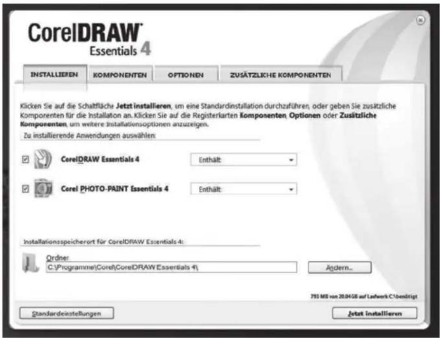 CorelDRAW® Essentials 4 INSTALLIEREN KOMPONENTEN OPTIONEN ZUSÄTZLEKHE KOMPONENTEN Klicken Sie auf die Schaltfläche Jetzt installieren, um eine Standardinstallation durchzuführen, oder geben Sie zusätzliche Komponenten für die Installation an. Klicken Sie auf die Registerkarten Komponenten Optionen oder Zusätzliche Komponenten, um weitere Installationsoptionen anzuzeigen. Zu installierende Anwendungen auswählen: CereiDRAW Essentials 4 Enthält Cerei PHOTO-PAINT Essentials 4 Enthält Installationsspeicherort für CorelDRAW Essentials 4: Ordner: C:\Programme\Corel\CorelDRAW Essentials 4\ Ägdern... 793 MB von 20.04 GB auf Laufwerk C:\benefrigt Standardeistellungen Jetzt installieren