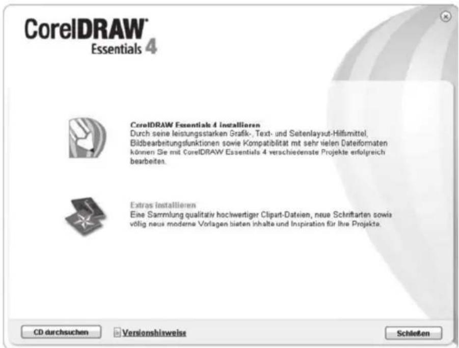 CorelDRAW Essentials 4 CorelDRAW Essentials 4 installieren Durch seine leistungsstarken Grafik-, Text- und Seitenlayout-Hilfsmittel, Bildbearbeitungsfunktionen sowie Kompatibilität mit sehr vielen Dateiformaten können Sie mit CorelDRAW Essentials 4 verschiedene Projekte erfolgreich bearbeiten. Extras installieren Eine Sammlung qualitativ hochwertiger Clipart-Dateien, neue Schriftarten sowie völig neue moderne Vorlagen bieten inhalte und Inspiration für ihre Projekte. CD durchsuchen Versionsweise Schließen