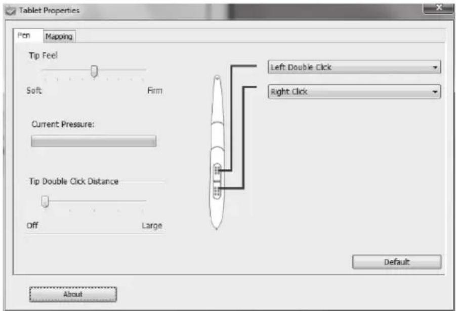 Tablet Properties Pen Mapping Tip Feel Soft Firm Current Pressure: Tip Double Click Distance Off Large Left Double Click Right Click Default About
