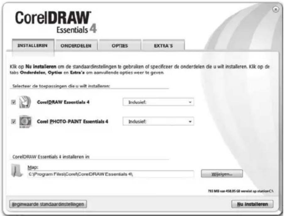 CorelDRAW Essentials 4 INSTALLEREN ONDERDELEN OPTIES EXTRA'S Klik op Na installeren om de standaardinstellingen te gebruiken of specificeer de onderdelen die u wilt installeren. Klik op de tabs Onderdelen, Opties en Extra's om aanvallende opties weer te geven. Selecteer de toepassingen die u wilt installeren: CorelDRAW Essentials 4 Indusief: Corel PHOTO-PAINT Essentials 4 Indusief: CorelDRAW Essentials 4 installeren in: Map: C:\Program Files\Corel\CorelDRAW Essentials 4\ Wijzijen... 793 MB van 458.05 GB vereist op station C\ Beginwaarde standaardinstellingen Nu installeren