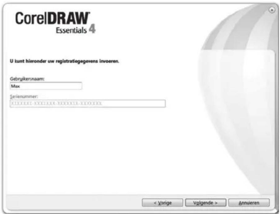 CorelDRAW® Essentials 4 U kunt hieronder uw registratiegegevens invoeren. Gebryjkersnaam: Max Serienummer: XXXXXXXX-XXXXXXXX-XXXXXXXX-XXXXXXXX- < Vorige Volgende > Annuieren