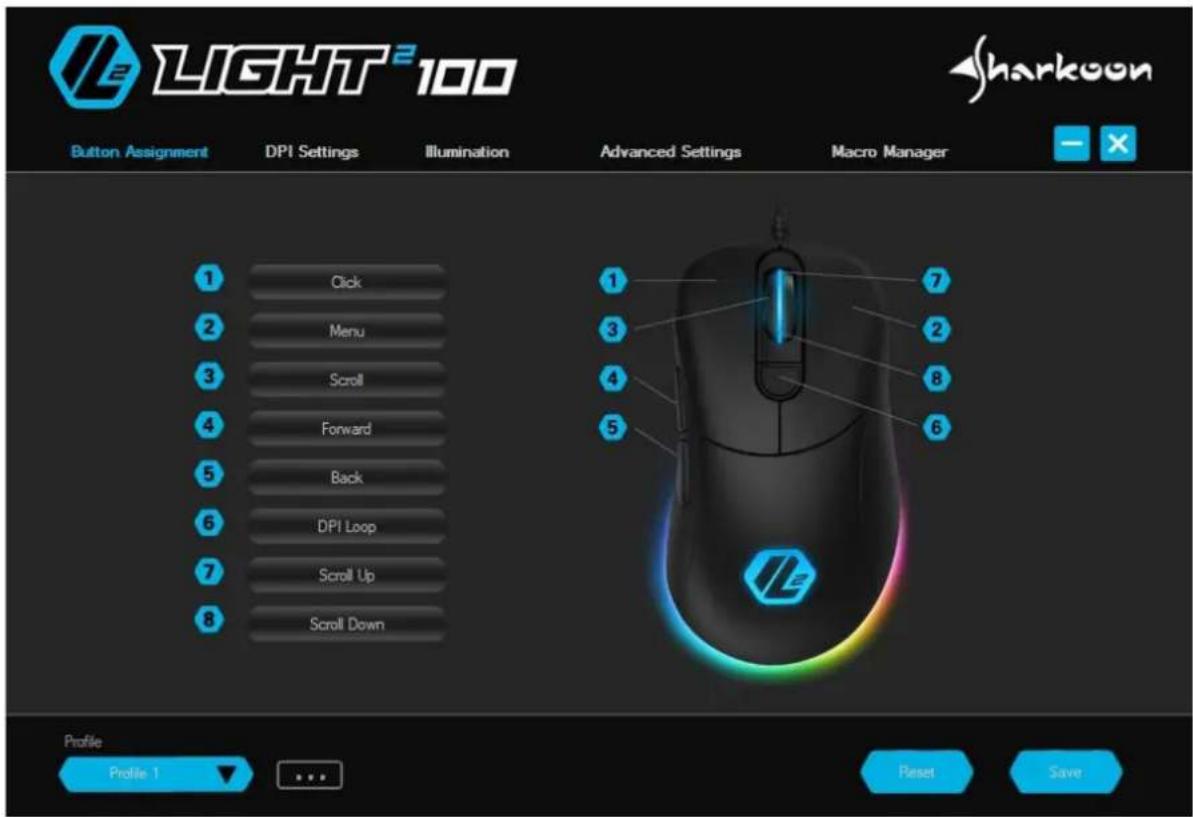 LIGHT 2100 Button Assignment DPI Settings"Illumination Advanced Settings Macro Manager 1 Click 2 Menu 3 Scroll 4 Forward 5 Back 6 DPI Loop 7 Scroll Up 8 Scroll Down Profile Profile 1 Reset Save