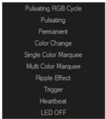 Pulsating RGB Cycle Pulsating Permanent Color Change Single Color Marquee Multi Color Marquee Ripple Effect Trigger Heartbeat LED OFF