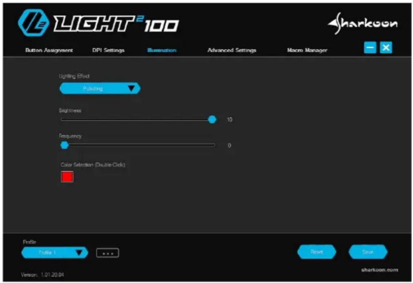 LIGHT® 100 Button Assignment DPI Settings Illustration Advanced Settings Macro Manager Lighting Effect Pulsing Brightness 10 Frequency 0 Color Selection (Double Click) Profile Profile 1 .... Reset Save Version: 1.01.20.04 sharkoon.com