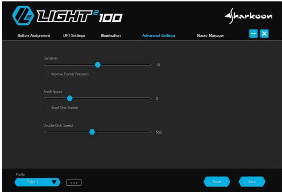 LIGHT² 100 Button Assignment DPI Settings"Illumination Advanced Settings Macro Manager Sensitivity 10 Improve Pointer Precision Scroll Speed 3 Scroll One Screen Double-Click Speed 550 Profile Profile 1 ... Reset Save