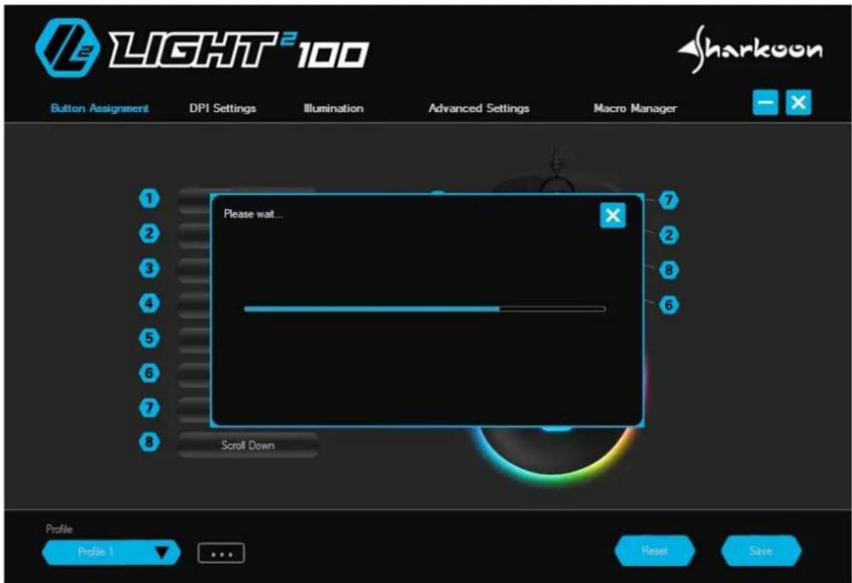 LIGHT 2 100 Button Assignment DPI Settings Illumination Advanced Settings Macro Manager Please wait... Scroll Down Profile Profile 1 Reset Save