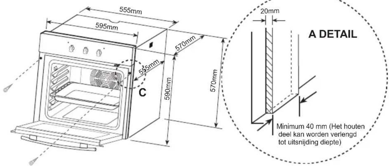 555mm 595mm 570mm 555mm 590mm 570mm 20mm A DETAIL Minimum 40 mm (Het houten deel kan worden verlengd tot uitsnijding diepte)