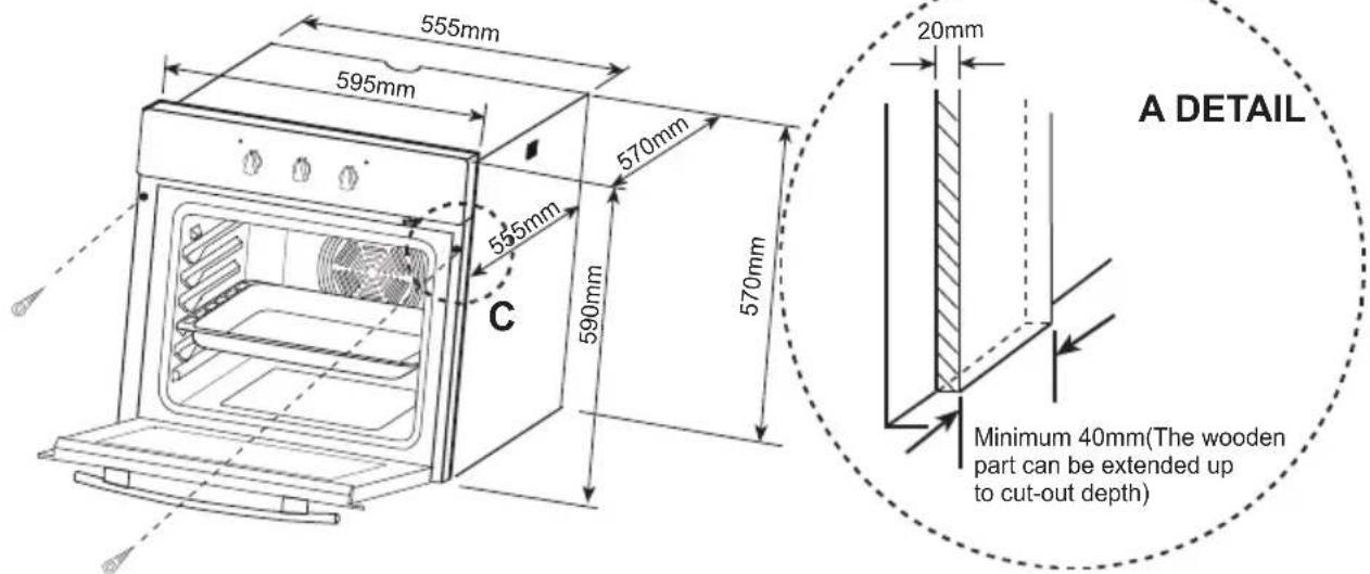 555mm 595mm 570mm 555mm 590mm 570mm 20mm A DETAIL Minimum 40mm(The wooden part can be extended up to cut-out depth)