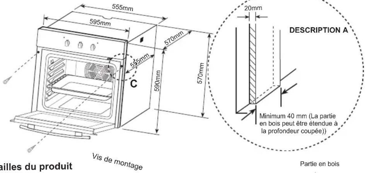 555mm 595mm 570mm 555mm 590mm 570mm 20mm DESCRIPTION A Minimum 40 mm (La partie en bois peut être étendue à la profondeur coupée)) Partie en bois Vis de montage Mailles du produit