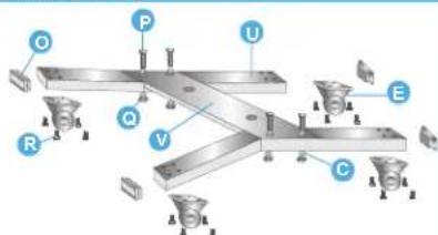 Technical diagram of a mechanical assembly with labeled components (A, B, C, D, E, P, Q, R, U) and alignment indicators.