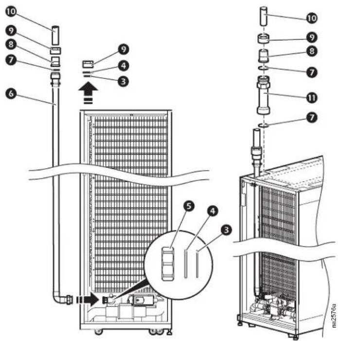 Technical diagram of a refrigeration unit with numbered components and labeled parts, including a zoomed-in inset view.