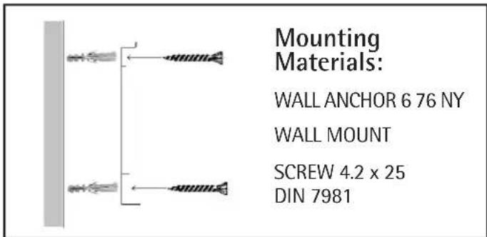 Mounting Materials: WALL ANCHOR 6 76 NY WALL MOUNT SCREW 4.2 x 25 DIN 7981