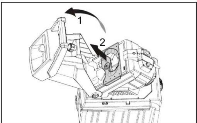 Technical diagram of a mechanical assembly with numbered components and directional arrows indicating motion or flow.