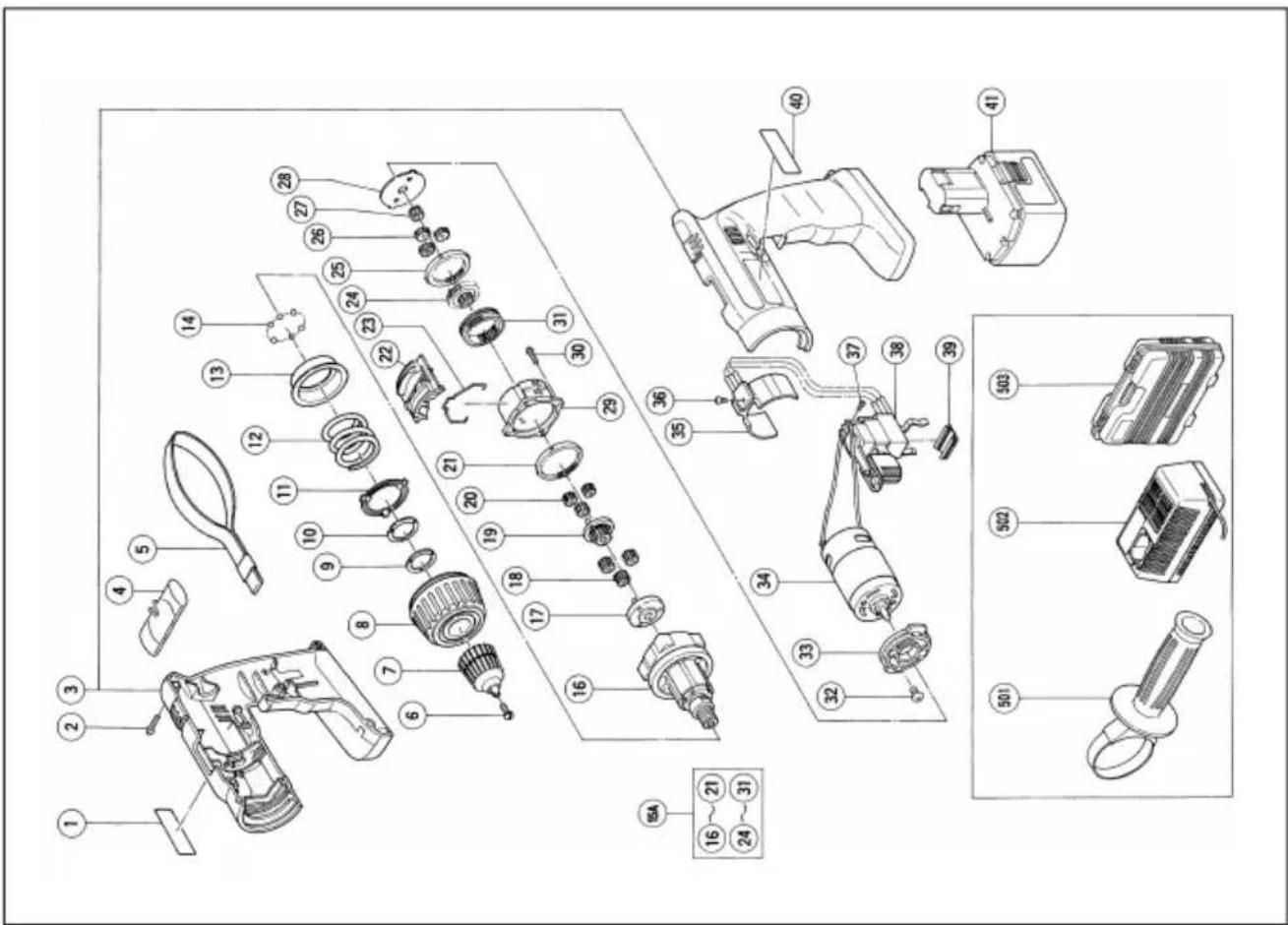 Exploded view diagram of a mechanical assembly with numbered parts and component labels