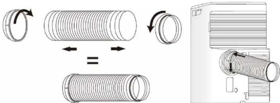 Diagram illustrating the assembly of a coiled hose with directional arrows and component positioning, alongside a photo of a gas collection device.