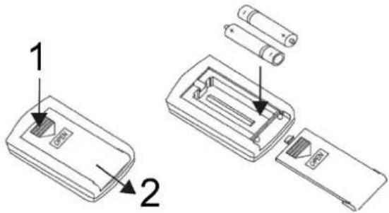 Technical diagram showing two labeled components of a device with arrows indicating parts of each, including battery pack and internal compartments.