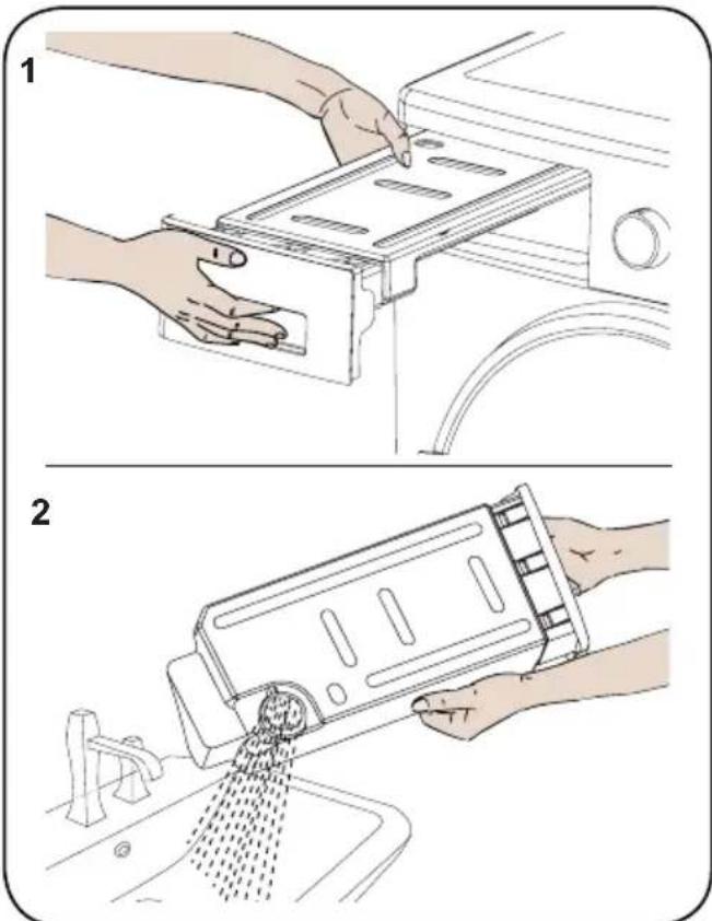 Diagram illustrating two steps of cleaning a kitchen appliance, showing hand positioning and surface cleaning with text labels.