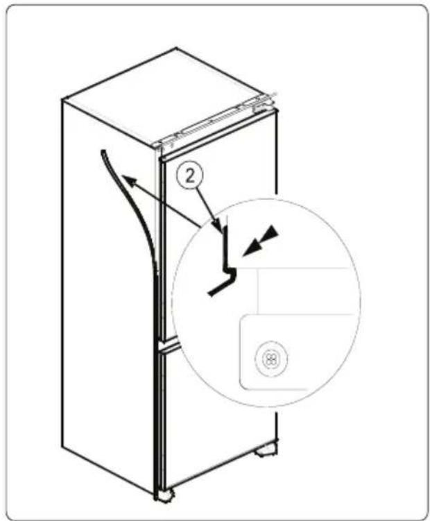 Diagram of a refrigerator with labeled parts and an inset showing airflow direction and component labels