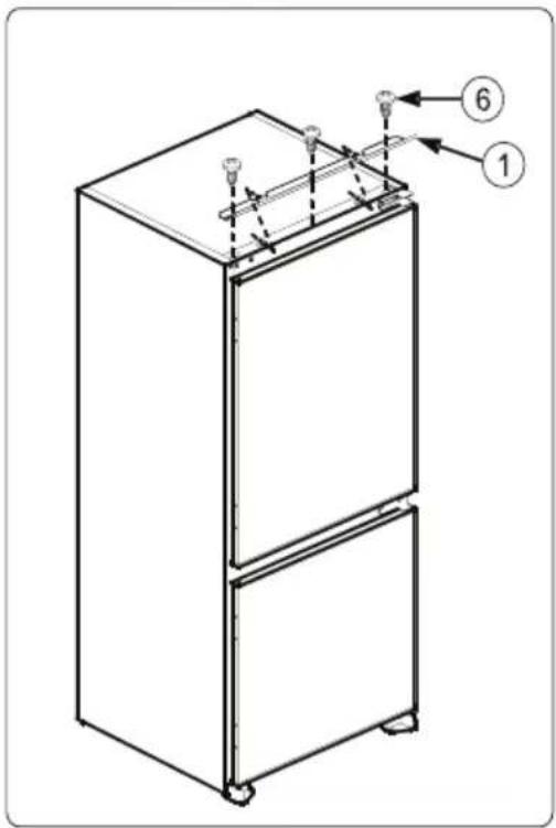 Technical diagram of a refrigerator with labeled parts 1 and 6, showing structural components and wiring connections.