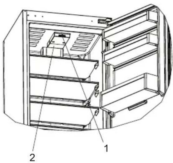 Technical diagram of an open refrigerator with labeled parts 1 and 2