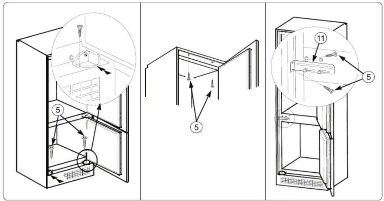 Technical diagram showing three steps of a refrigerator interior with labeled components and directional arrows indicating assembly or installation.