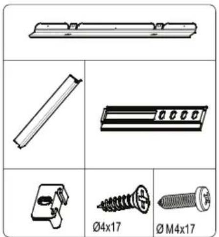Technical drawing showing four different mechanical parts with dimension annotations