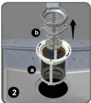 Technical diagram of a mechanical assembly with labeled parts (a, b) and directional arrow indicating movement or force.