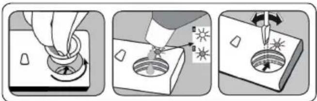 Illustration showing three-step steps of a cleaning or inspection procedure: cutting a circular object, adjusting a lamp, and adjusting a lid with a brush.