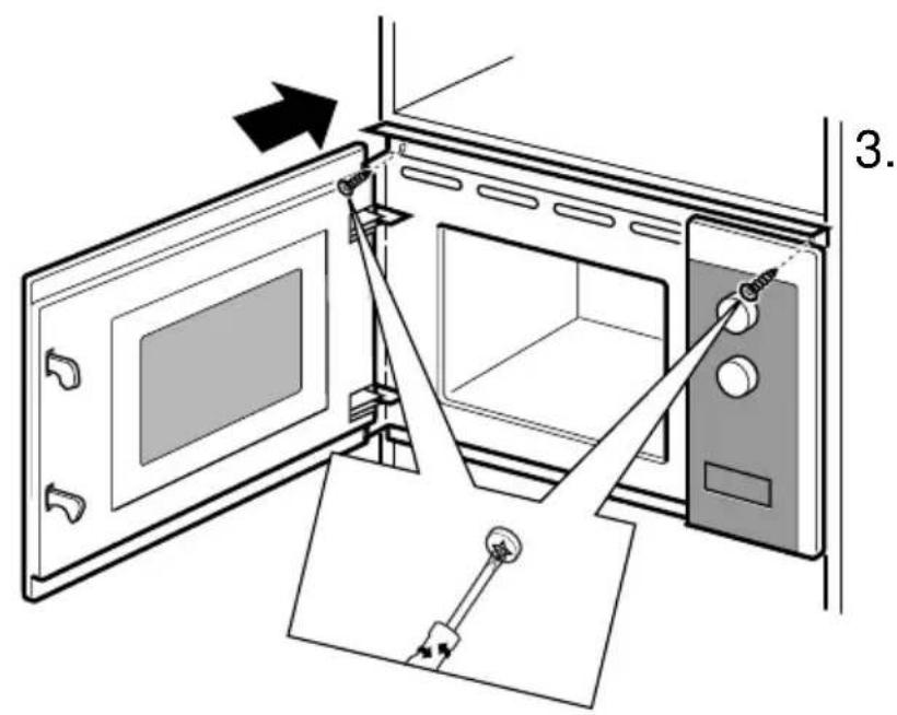 Diagram of a microwave oven installation showing door, panel, and door assembly with labeled components