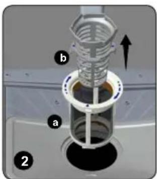 Technical diagram of a mechanical assembly with labeled parts (a, b) and directional arrow indicating motion or force