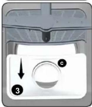 Control panel diagram with labeled buttons and directional arrow, showing a circular dial indicator labeled 'c'