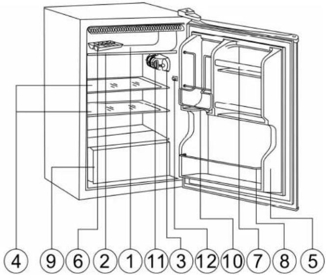 Technical diagram of an open refrigerator with numbered parts for identification