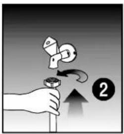 Diagram showing a hand holding a tool with a device and a curved arrow, labeled with number 2