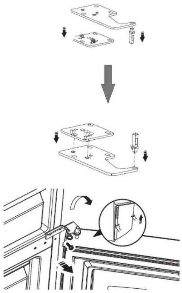 Technical diagram illustrating the assembly process of a mechanical component, showing steps from assembly to final assembly with a magnified detail.