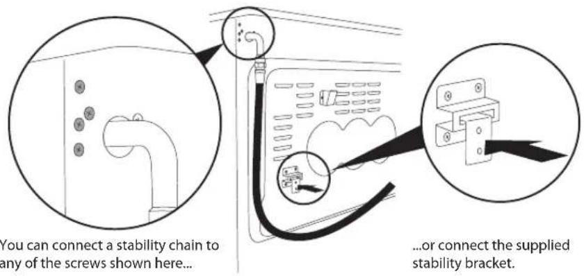 You can connect a stability chain to any of the screws shown here... ...or connect the supplied stability bracket.