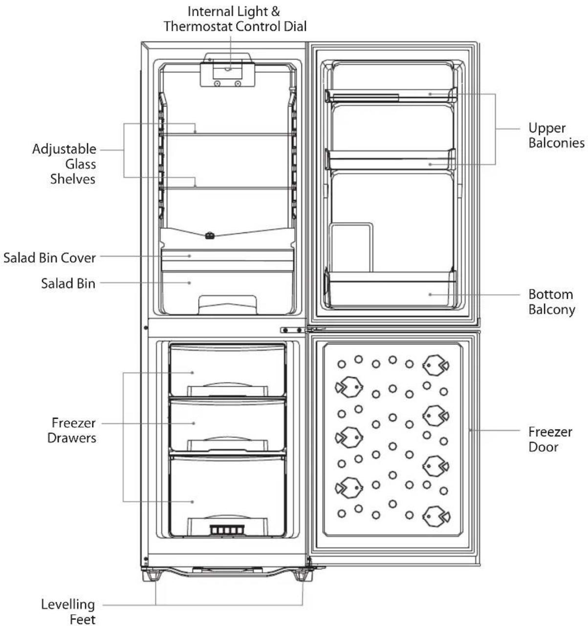 Internal Light & Thermostat Control Dial Adjustable Glass Shelves Salad Bin Cover Salad Bin Freezer Drawers Levelling Feet Upper Balconies Bottom Balcony Freezer Door