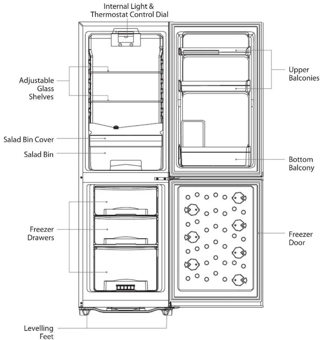 Internal Light & Thermostat Control Dial Adjustable Glass Shelves Salad Bin Cover Salad Bin Freezer Drawers Levelling Feet Upper Balconies Bottom Balcony Freezer Door